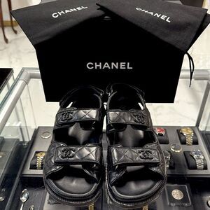 Authentic! BLACK Chanel Quilted Leather Dad Sandals box & dust covers SIZE 38C